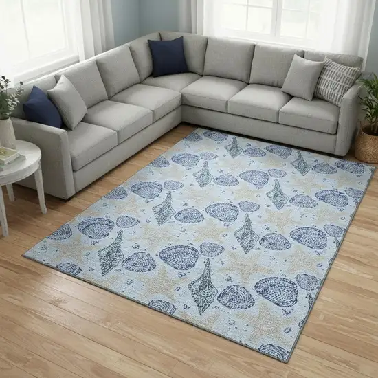 Blue And Beige Geometric Washable Area Rug With UV Protection Photo 1