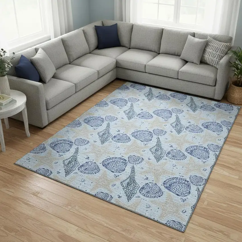 Blue And Beige Geometric Washable Area Rug With UV Protection Photo 1
