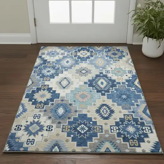 Blue And Beige Geometric Washable Area Rug With UV Protection Photo 2