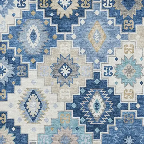 Blue And Beige Geometric Washable Area Rug With UV Protection Photo 3