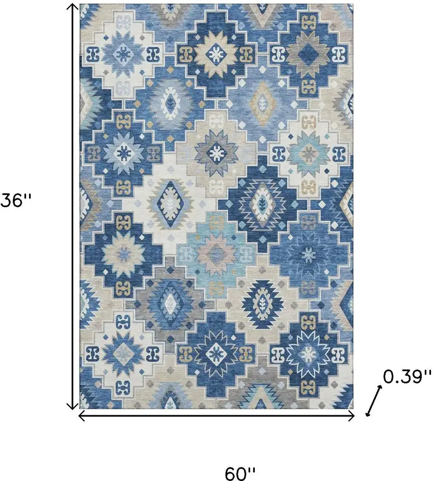 Blue And Beige Geometric Washable Area Rug With UV Protection Photo 9