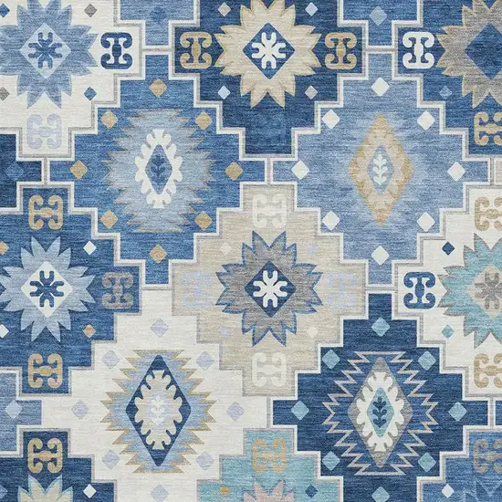 Blue And Beige Geometric Washable Area Rug With UV Protection Photo 3