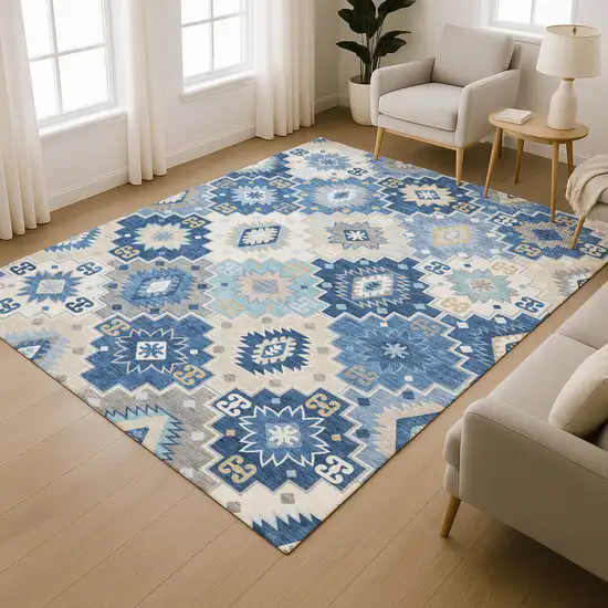 Blue And Beige Geometric Washable Area Rug With UV Protection Photo 6