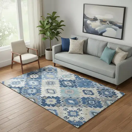 Blue And Beige Geometric Washable Area Rug With UV Protection Photo 2