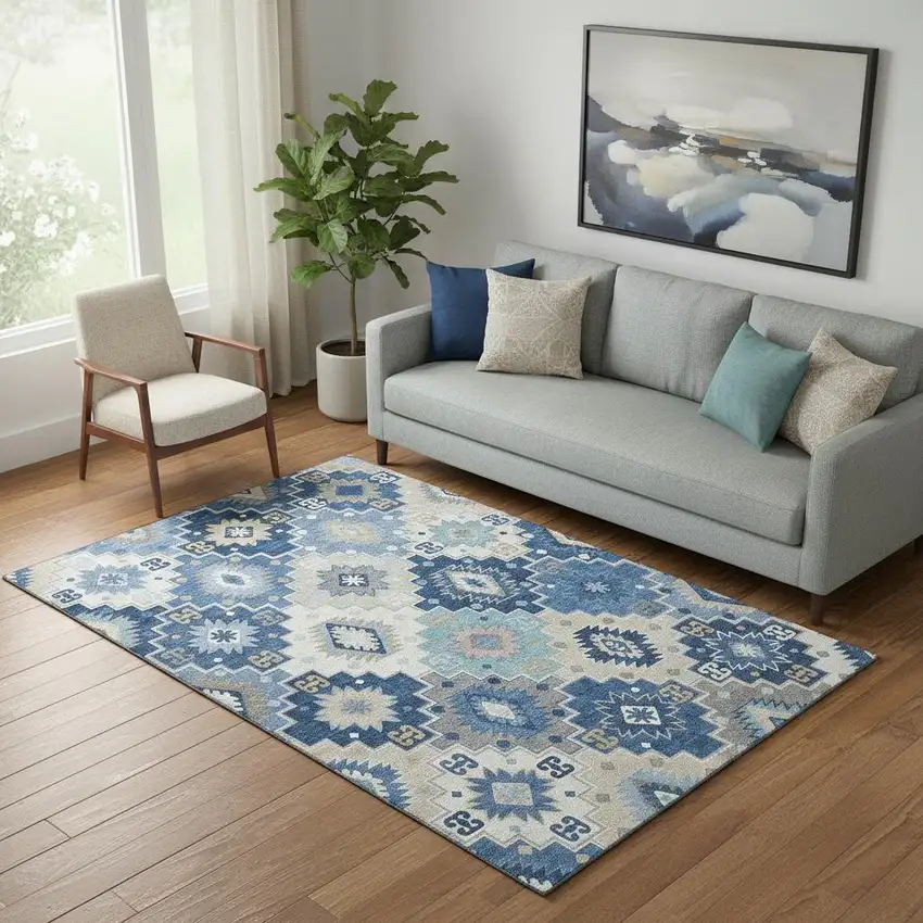 Blue And Beige Geometric Washable Area Rug With UV Protection Photo 2