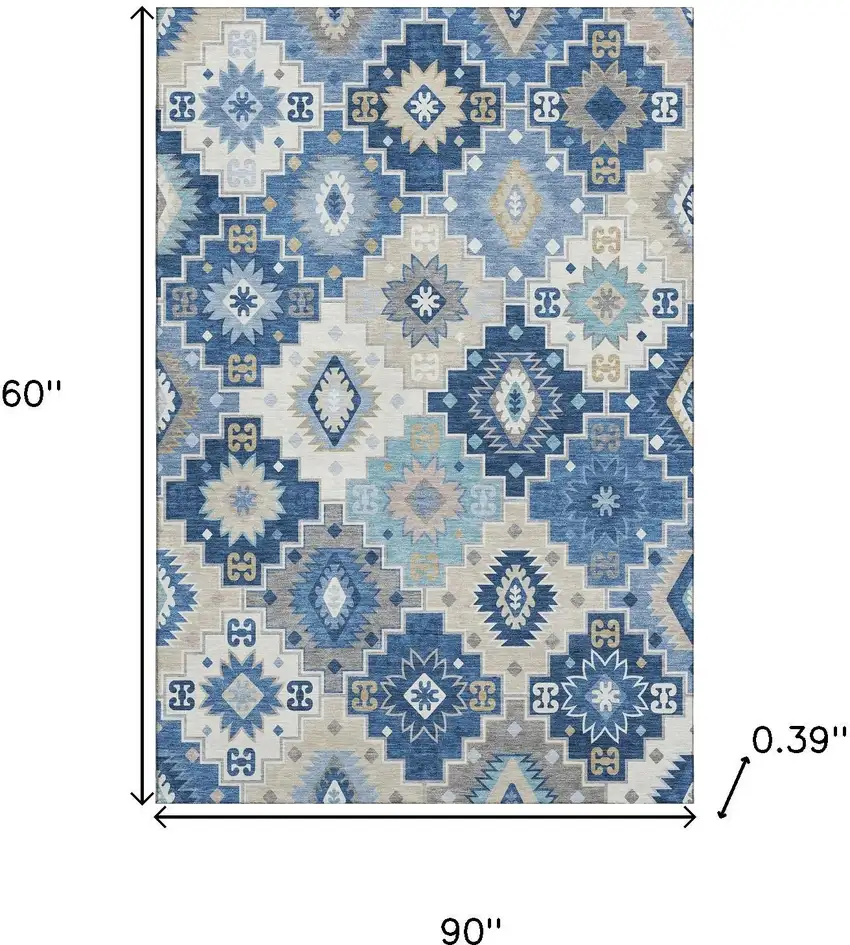 Blue And Beige Geometric Washable Area Rug With UV Protection Photo 9