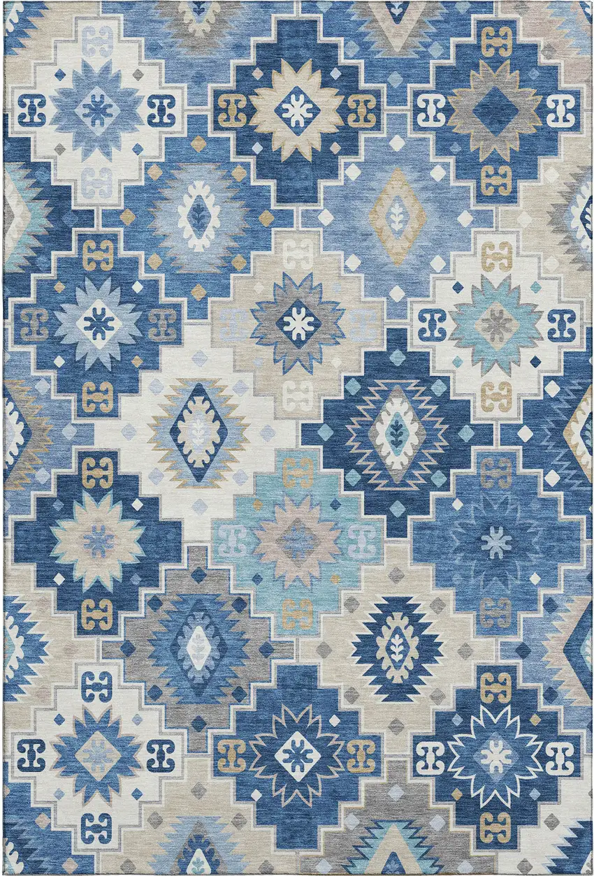Blue And Beige Geometric Washable Area Rug With UV Protection Photo 1