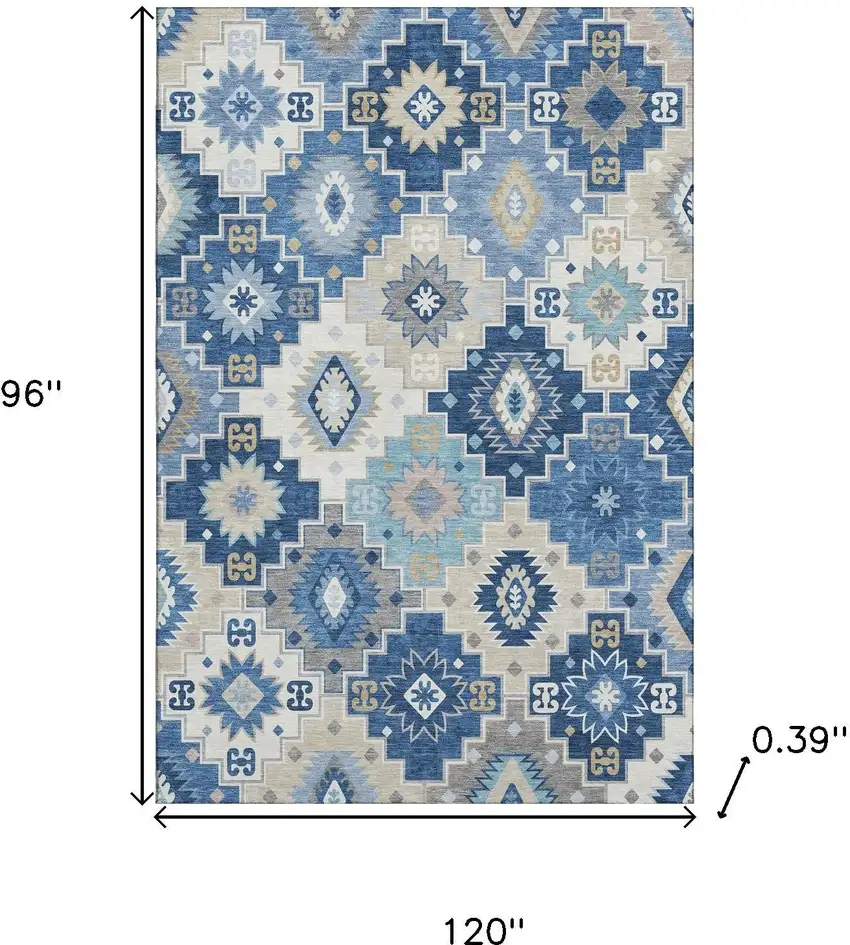 Blue And Beige Geometric Washable Area Rug With UV Protection Photo 9