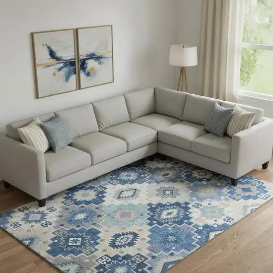 Blue And Beige Geometric Washable Area Rug With UV Protection Photo 2