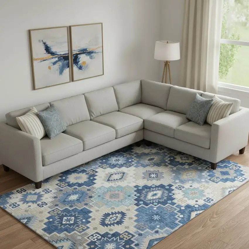 Blue And Beige Geometric Washable Area Rug With UV Protection Photo 2