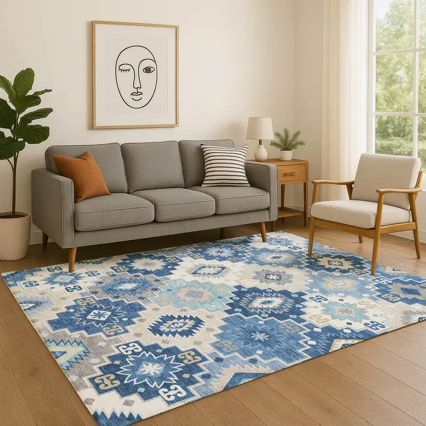 Blue And Beige Geometric Washable Area Rug With UV Protection Photo 5