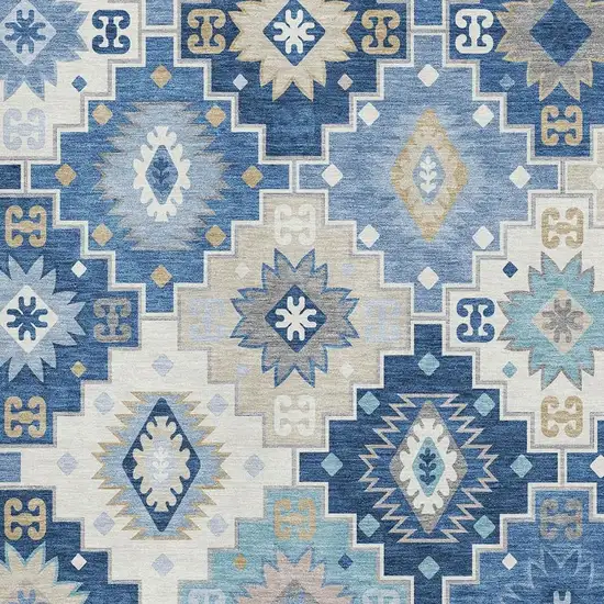 Blue And Beige Geometric Washable Area Rug With UV Protection Photo 3