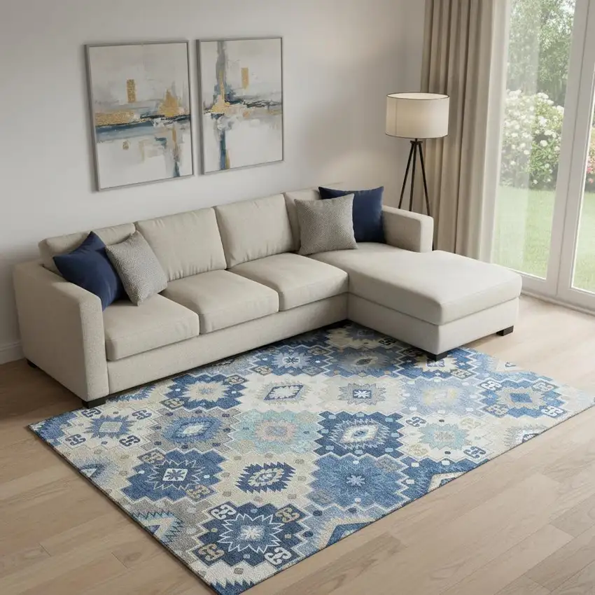 Blue And Beige Geometric Washable Area Rug With UV Protection Photo 2