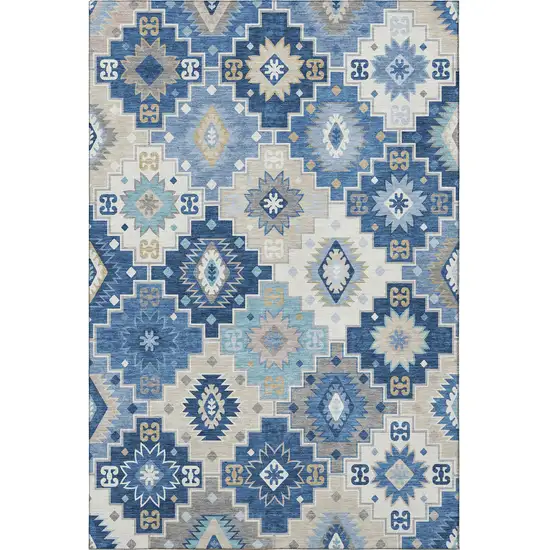 Blue And Beige Geometric Washable Area Rug With UV Protection Photo 4