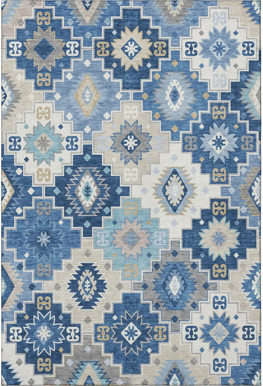 Blue And Beige Geometric Washable Area Rug With UV Protection Photo 4