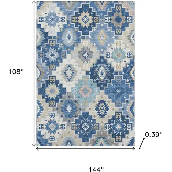 Blue And Beige Geometric Washable Area Rug With UV Protection Photo 9