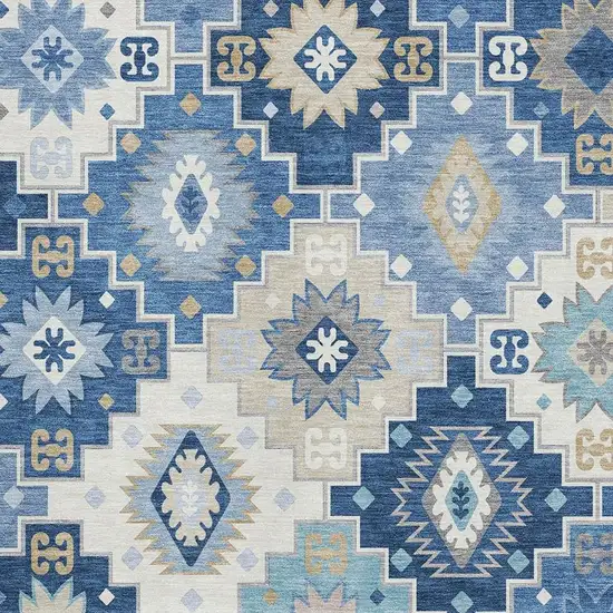 Blue And Beige Geometric Washable Area Rug With UV Protection Photo 3