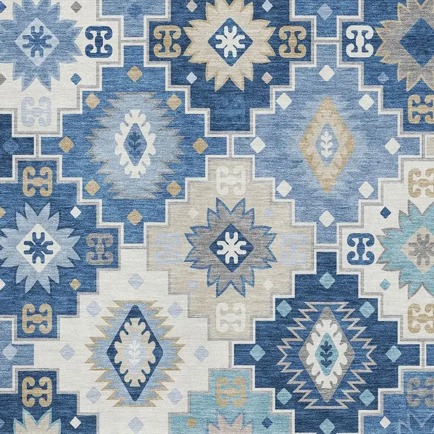 Blue And Beige Geometric Washable Area Rug With UV Protection Photo 3