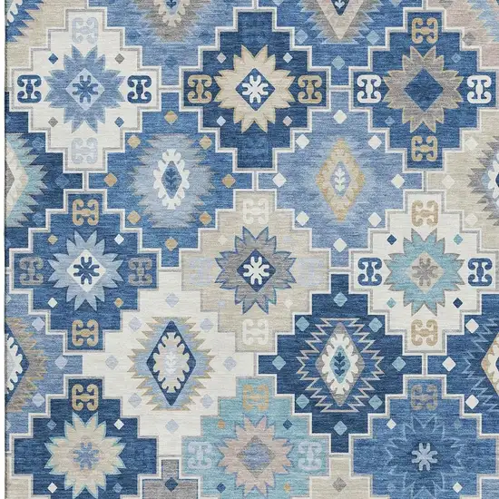Blue And Beige Geometric Washable Area Rug With UV Protection Photo 4
