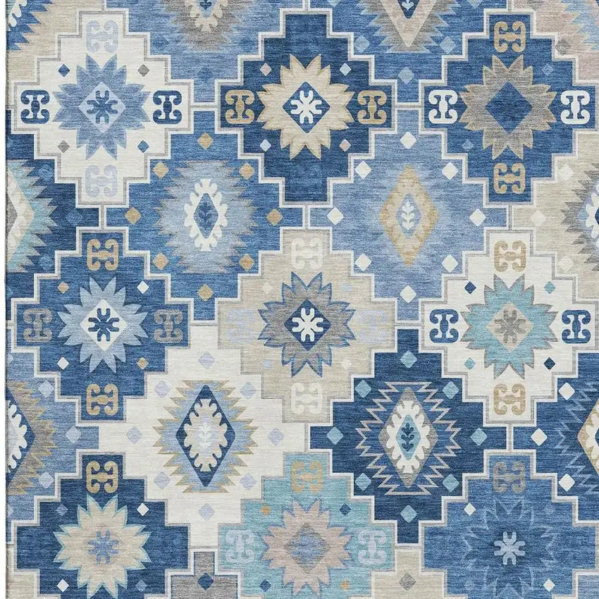 Blue And Beige Geometric Washable Area Rug With UV Protection Photo 4