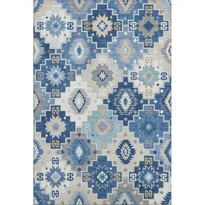 Photo of Blue And Beige Geometric Washable Area Rug With UV Protection