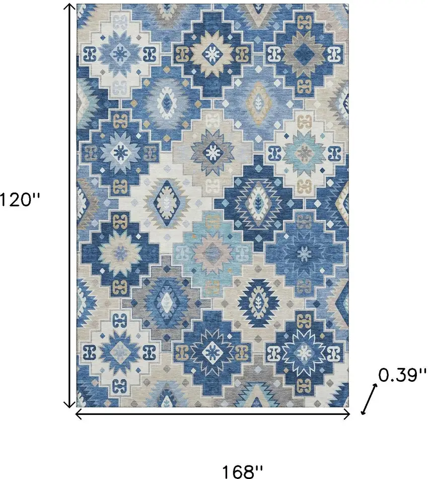 Blue And Beige Geometric Washable Area Rug With UV Protection Photo 9