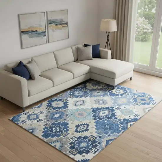 Blue And Beige Geometric Washable Area Rug With UV Protection Photo 2