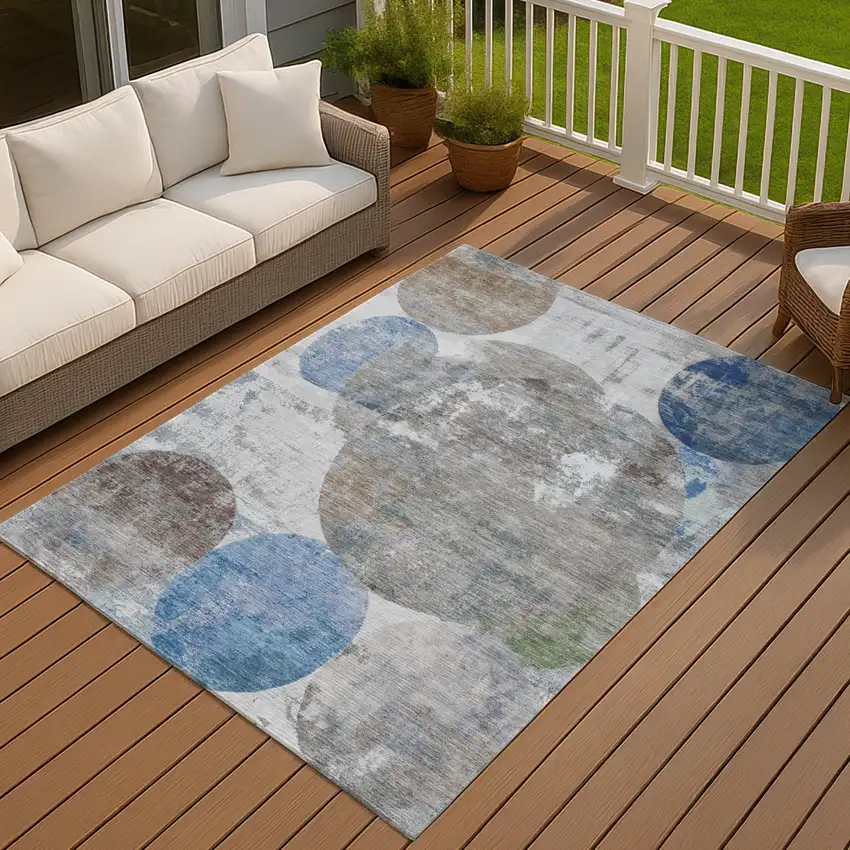 Blue And Beige Geometric Washable Indoor Outdoor Area Rug Photo 2