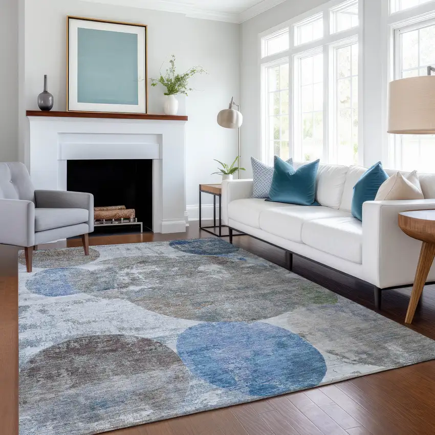 Blue And Beige Geometric Washable Indoor Outdoor Area Rug Photo 5