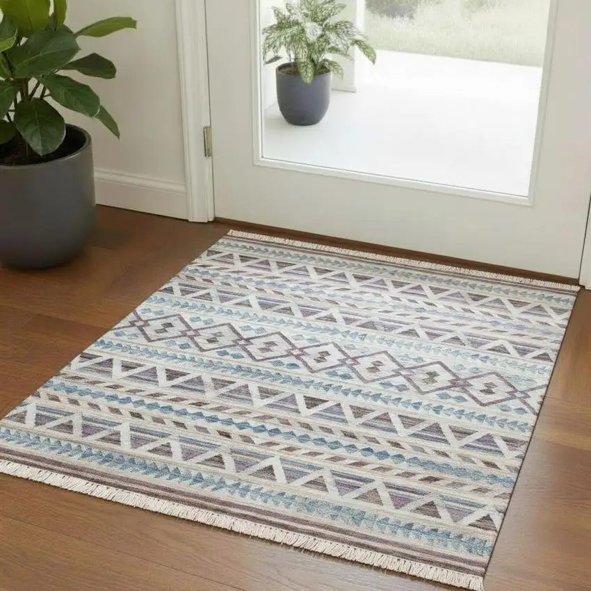 Blue And Beige Jute Geometric Hand Woven Square Rug Photo 1