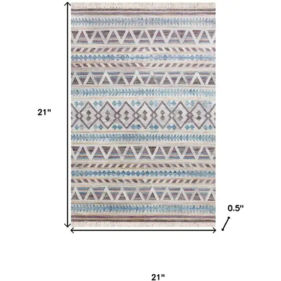 Blue And Beige Jute Geometric Hand Woven Square Rug Photo 3