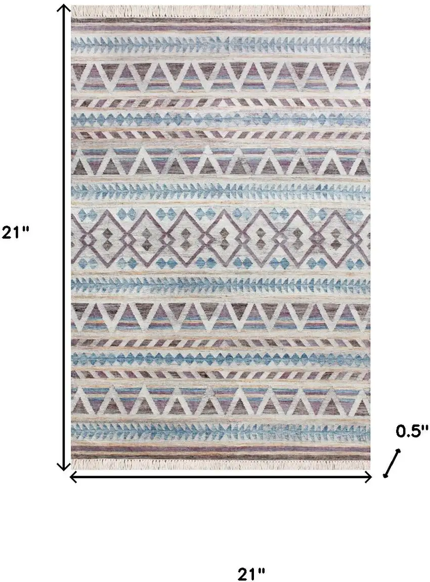 Blue And Beige Jute Geometric Hand Woven Square Rug Photo 3