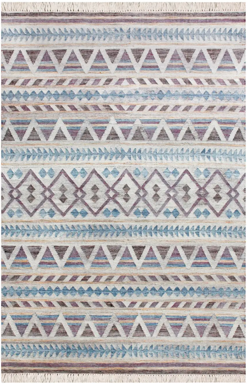 Blue And Beige Jute Geometric Hand Woven Square Rug Photo 2