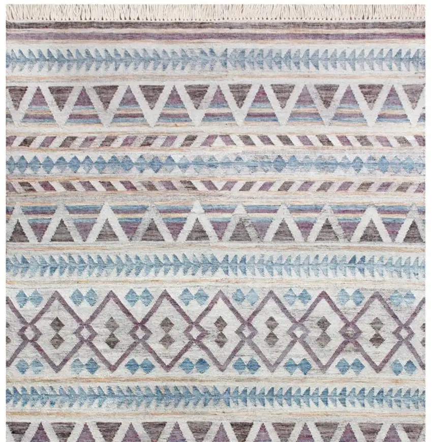 Blue And Beige Jute Geometric Hand Woven Square Rug Photo 5