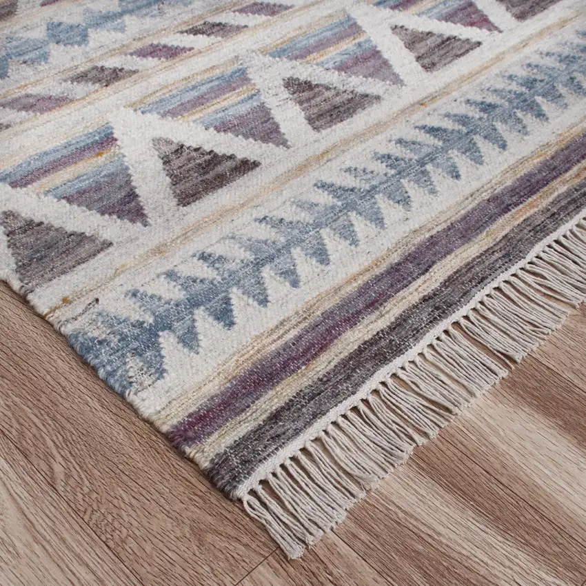 Blue And Beige Jute Geometric Hand Woven Square Rug Photo 7