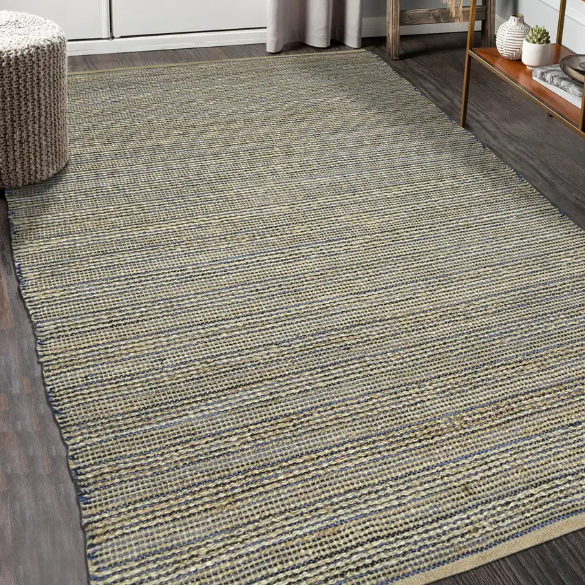 Blue And Beige Jute Striped Flatweave Handmade Area Rug Photo 9