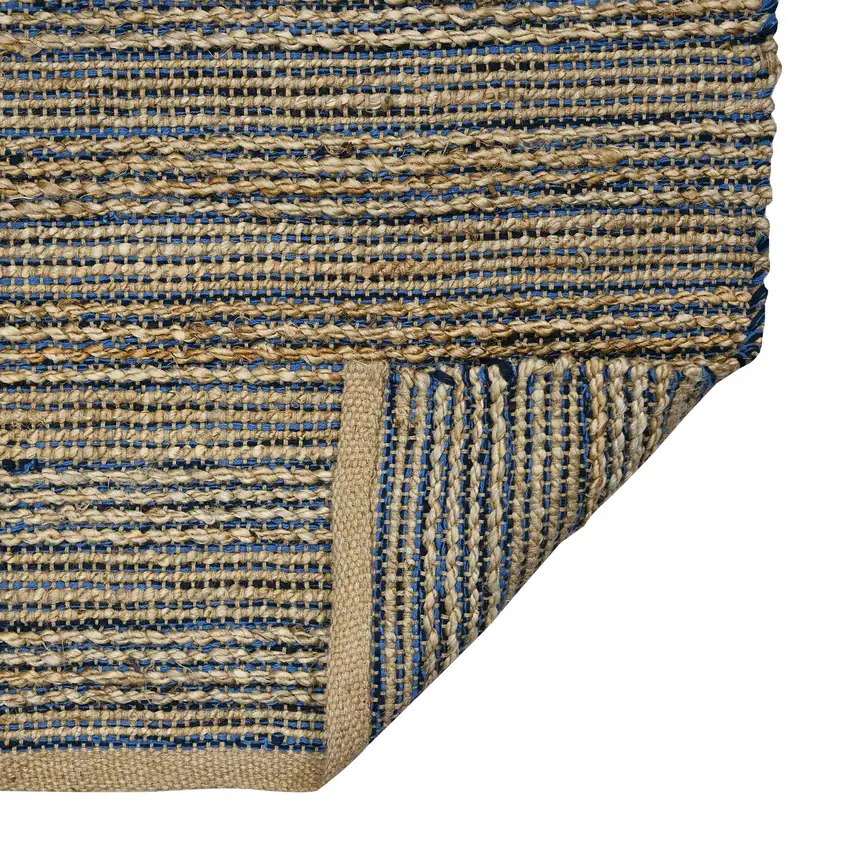 Blue And Beige Jute Striped Flatweave Handmade Area Rug Photo 8