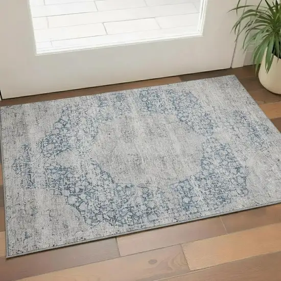 Blue And Beige Medallion Washable Area Rug With UV Protection Photo 2