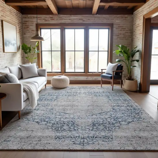 Blue And Beige Medallion Washable Area Rug With UV Protection Photo 4