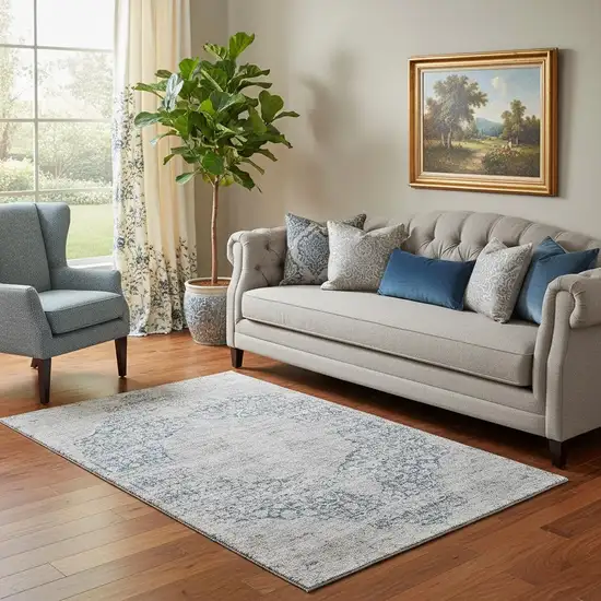 Blue And Beige Medallion Washable Area Rug With UV Protection Photo 2