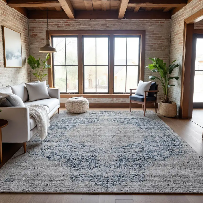 Blue And Beige Medallion Washable Area Rug With UV Protection Photo 4