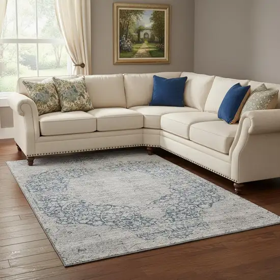 Blue And Beige Medallion Washable Area Rug With UV Protection Photo 2