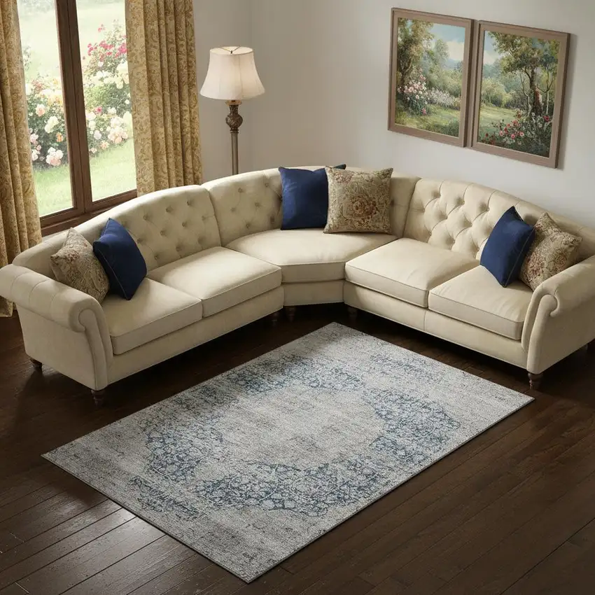 Blue And Beige Medallion Washable Area Rug With UV Protection Photo 2