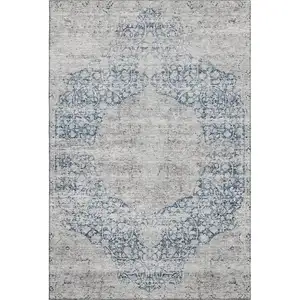 Photo of Blue And Beige Medallion Washable Area Rug With UV Protection