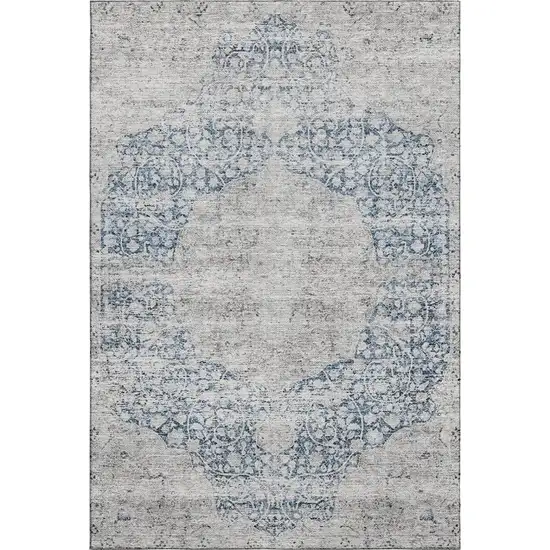 Blue And Beige Medallion Washable Area Rug With UV Protection Photo 1