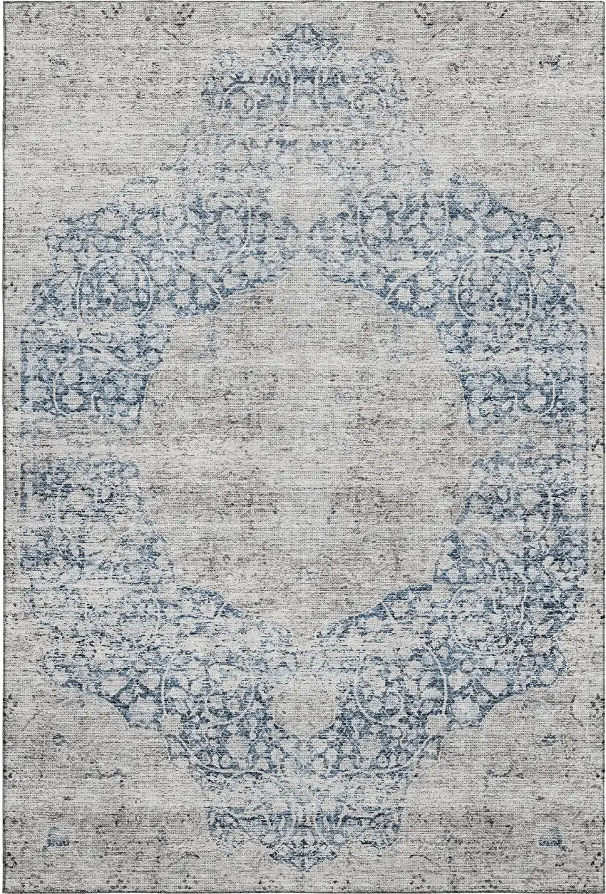 Blue And Beige Medallion Washable Area Rug With UV Protection Photo 1