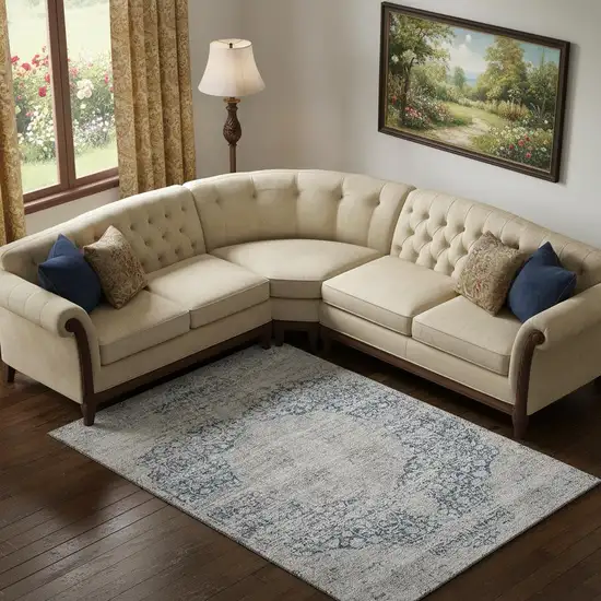 Blue And Beige Medallion Washable Area Rug With UV Protection Photo 2