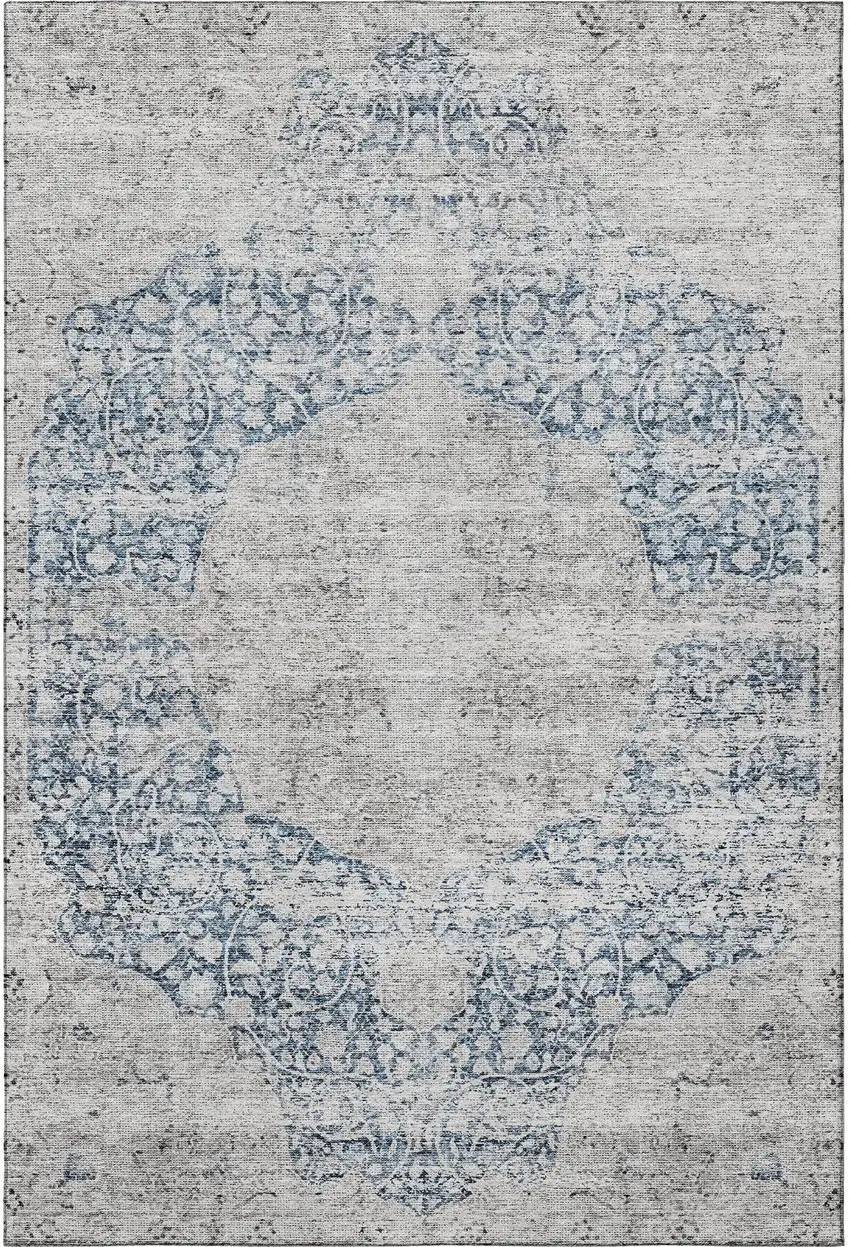 Blue And Beige Medallion Washable Area Rug With UV Protection Photo 3