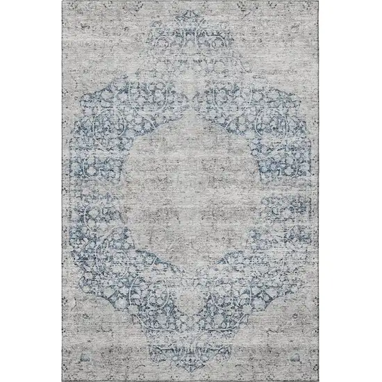 Blue And Beige Medallion Washable Area Rug With UV Protection Photo 3