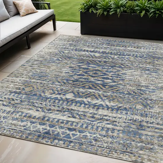 Blue And Beige Moroccan Washable Indoor Outdoor Area Rug Photo 2